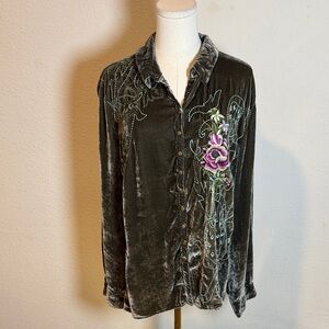 J. Jill Velvet Snap Front Shirt with Floral Embroidery size XL Tall